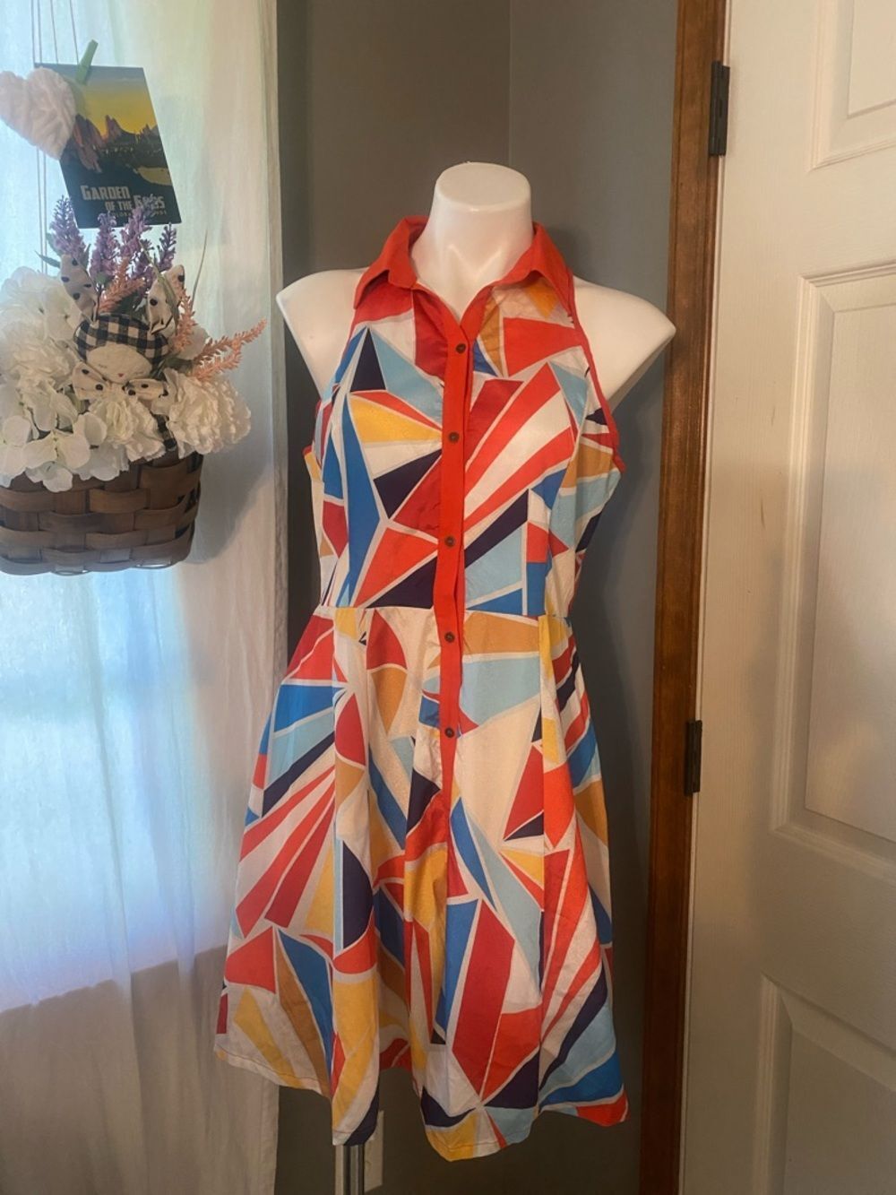 Como No? Colorful Geometric Halter Shirt Dress Red Trim